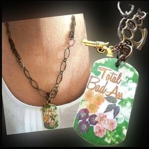 Brass Knuckle guns filigree leaves crystal total bad ass graphic necklace NWT